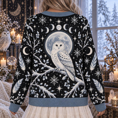 White Owl Full Moon Witchy Cardigan for Women Gothic Winter Sweater, worn, back view