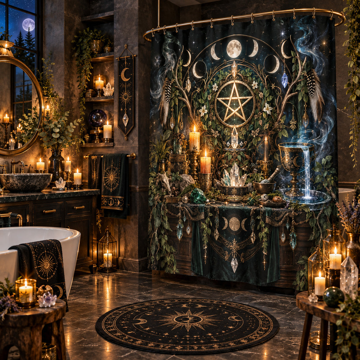 Wiccan Shower Curtain - Pentacle Altar Moon Phase Decor, styled shot 2
