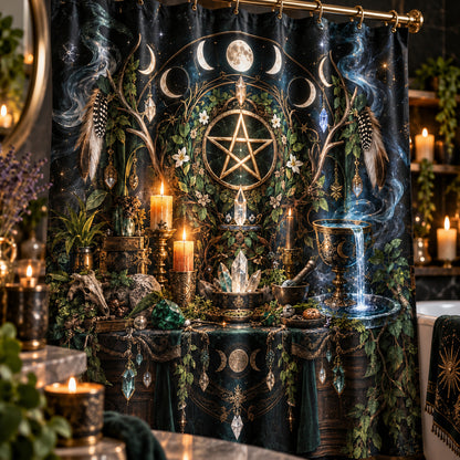 Wiccan Shower Curtain - Pentacle Altar Moon Phase Decor, styled shot 4