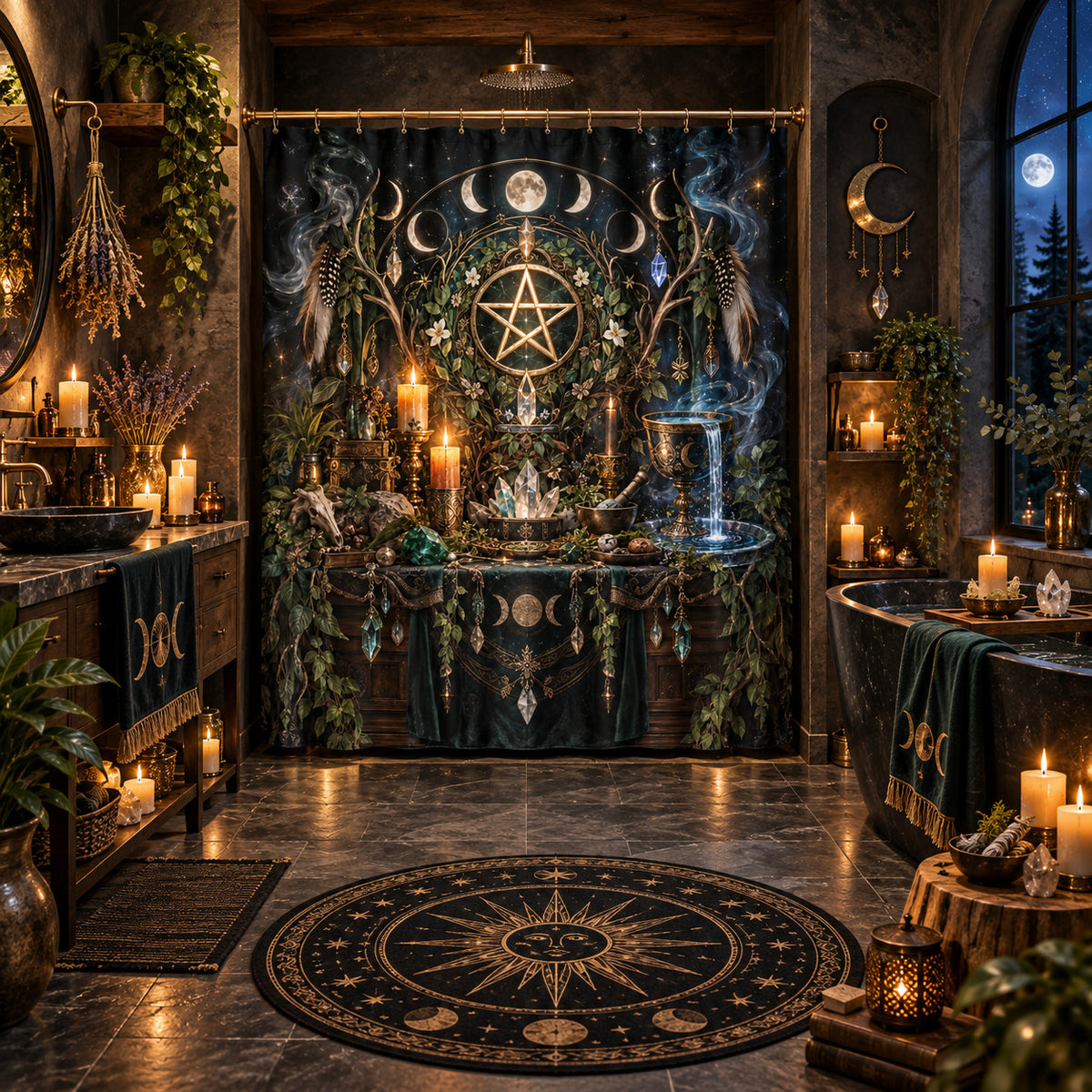 Wiccan Shower Curtain - Pentacle Altar Moon Phase Decor, styled shot 5