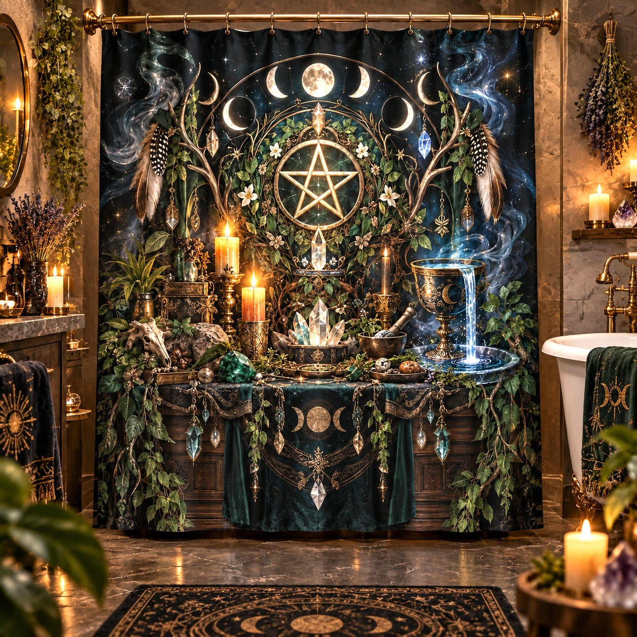 Wiccan Shower Curtain - Pentacle Altar Moon Phase Decor