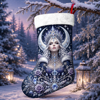 Winter Ice Queen Christmas Stocking Snow Goddess Pagan Decor, styled shot 3