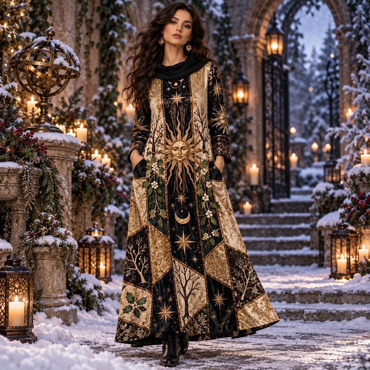 Winter Solstice Sun Pagan Cowl Neck Dress – Witchy Yule Maxi – worn, in motion