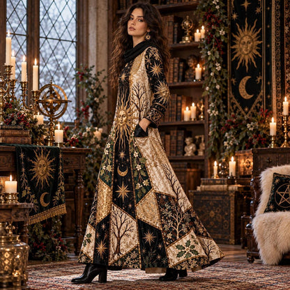 Winter Solstice Sun Pagan Cowl Neck Dress – Witchy Yule Maxi – worn, three quarter view