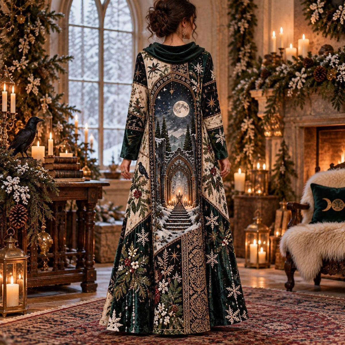 Winter Yule Moon Temple Pagan Cowl Neck Dress – Raven Holly Maxi – worn, back view