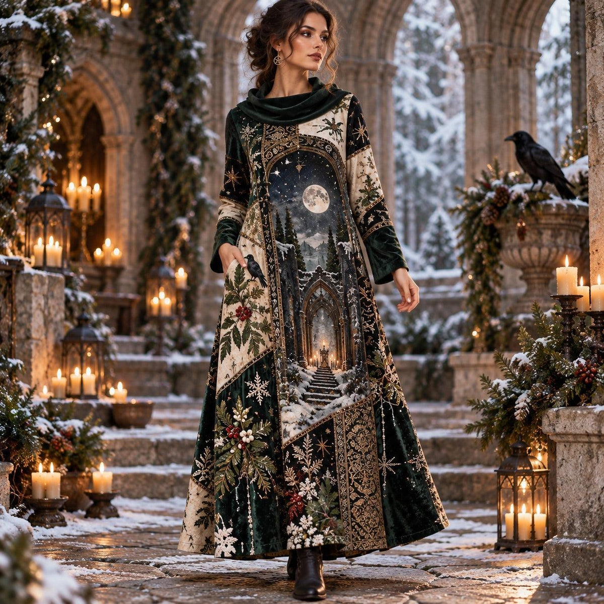 Winter Yule Moon Temple Pagan Cowl Neck Dress – Raven Holly Maxi – worn, in motion