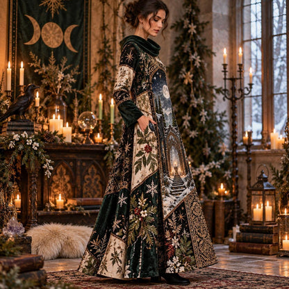 Winter Yule Moon Temple Pagan Cowl Neck Dress – Raven Holly Maxi – worn, three quarter view