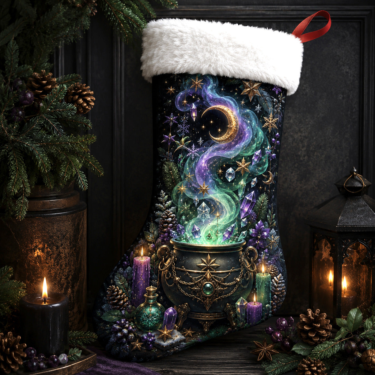 Witch Cauldron Christmas Stocking Green Potion Wiccan Yule Decor