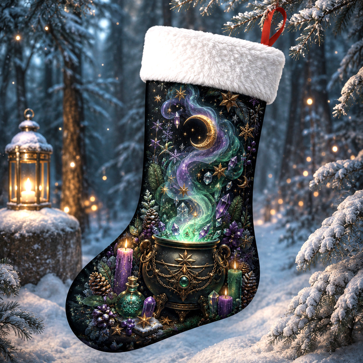 Witch Cauldron Christmas Stocking Green Potion Wiccan Yule Decor, styled shot 2