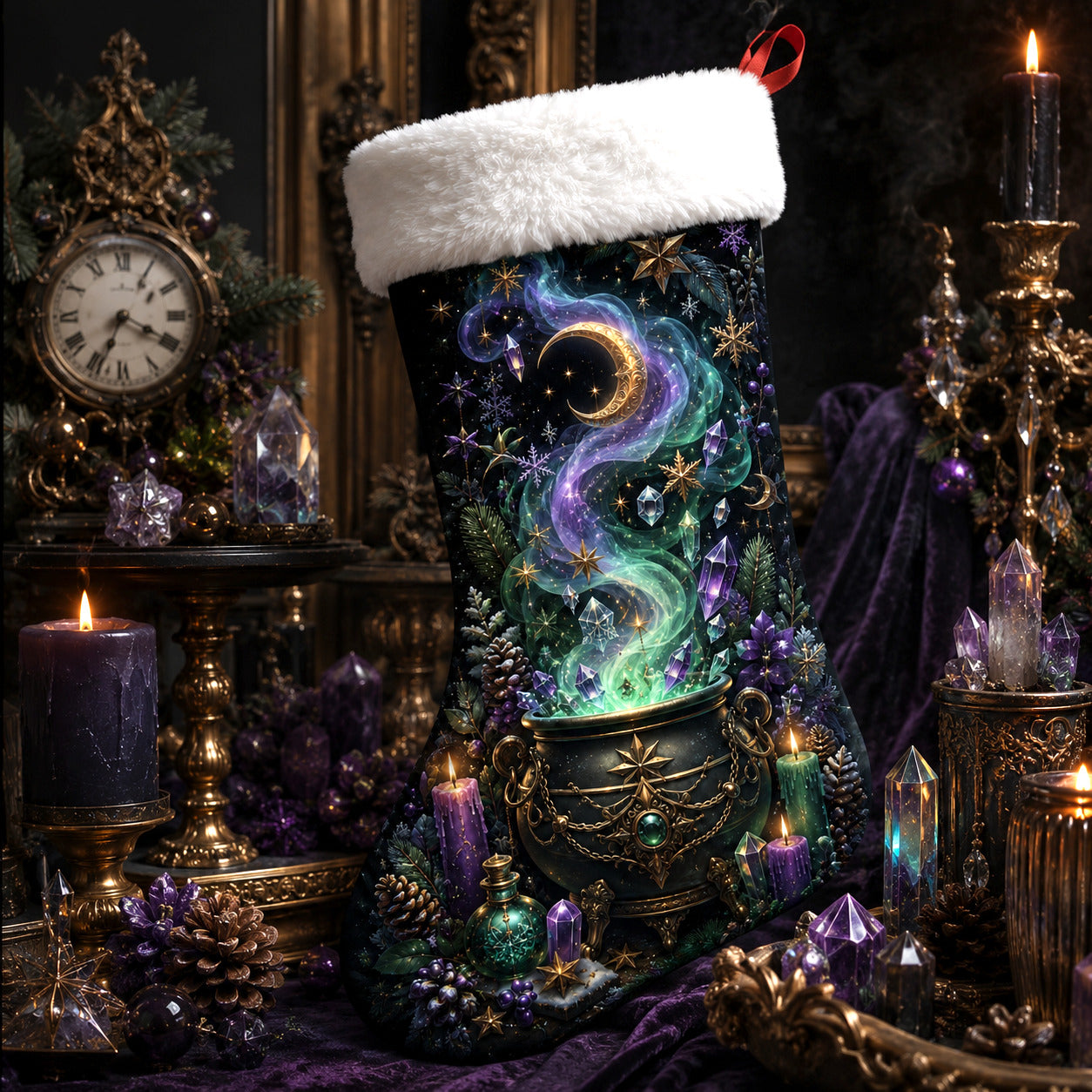 Witch Cauldron Christmas Stocking Green Potion Wiccan Yule Decor, styled shot 3