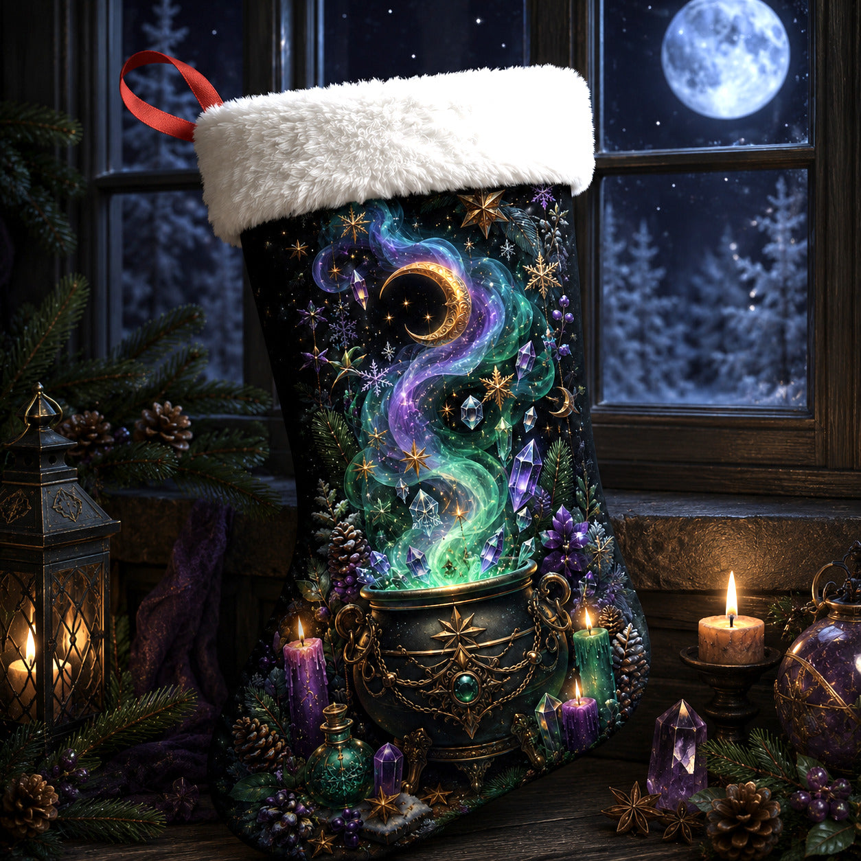 Witch Cauldron Christmas Stocking Green Potion Wiccan Yule Decor, styled shot 4