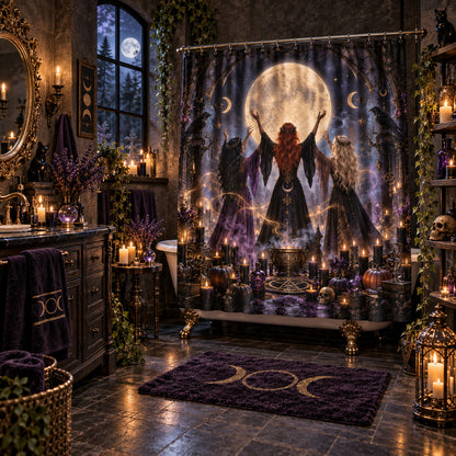 Witch Coven Shower Curtain - Samhain Full Moon Ritual Decor, styled shot 2