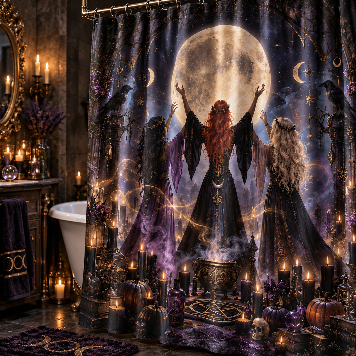Witch Coven Shower Curtain - Samhain Full Moon Ritual Decor, styled shot 4