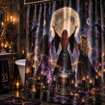 Witch Coven Shower Curtain - Samhain Full Moon Ritual Decor, styled shot 4