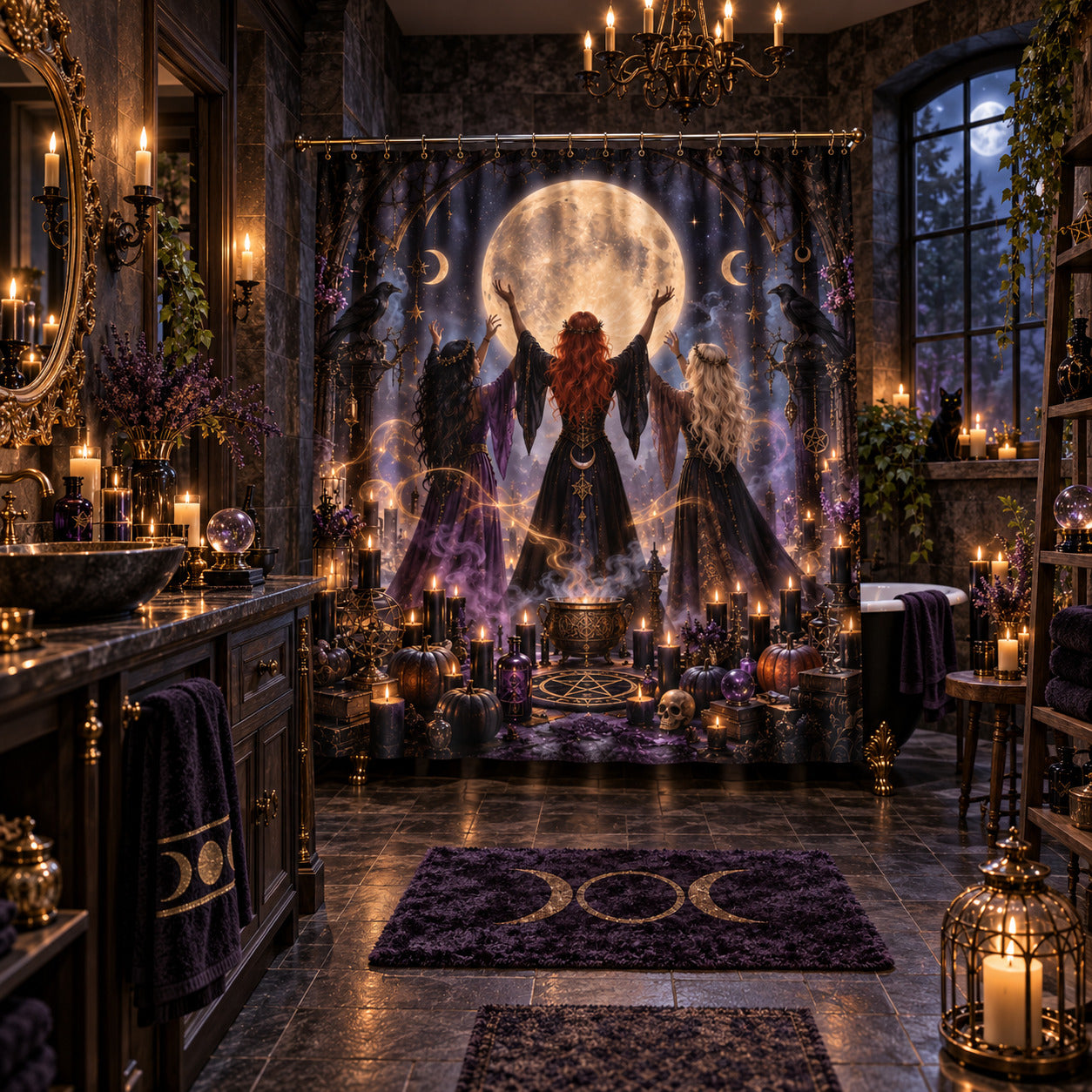 Witch Coven Shower Curtain - Samhain Full Moon Ritual Decor, styled shot 5