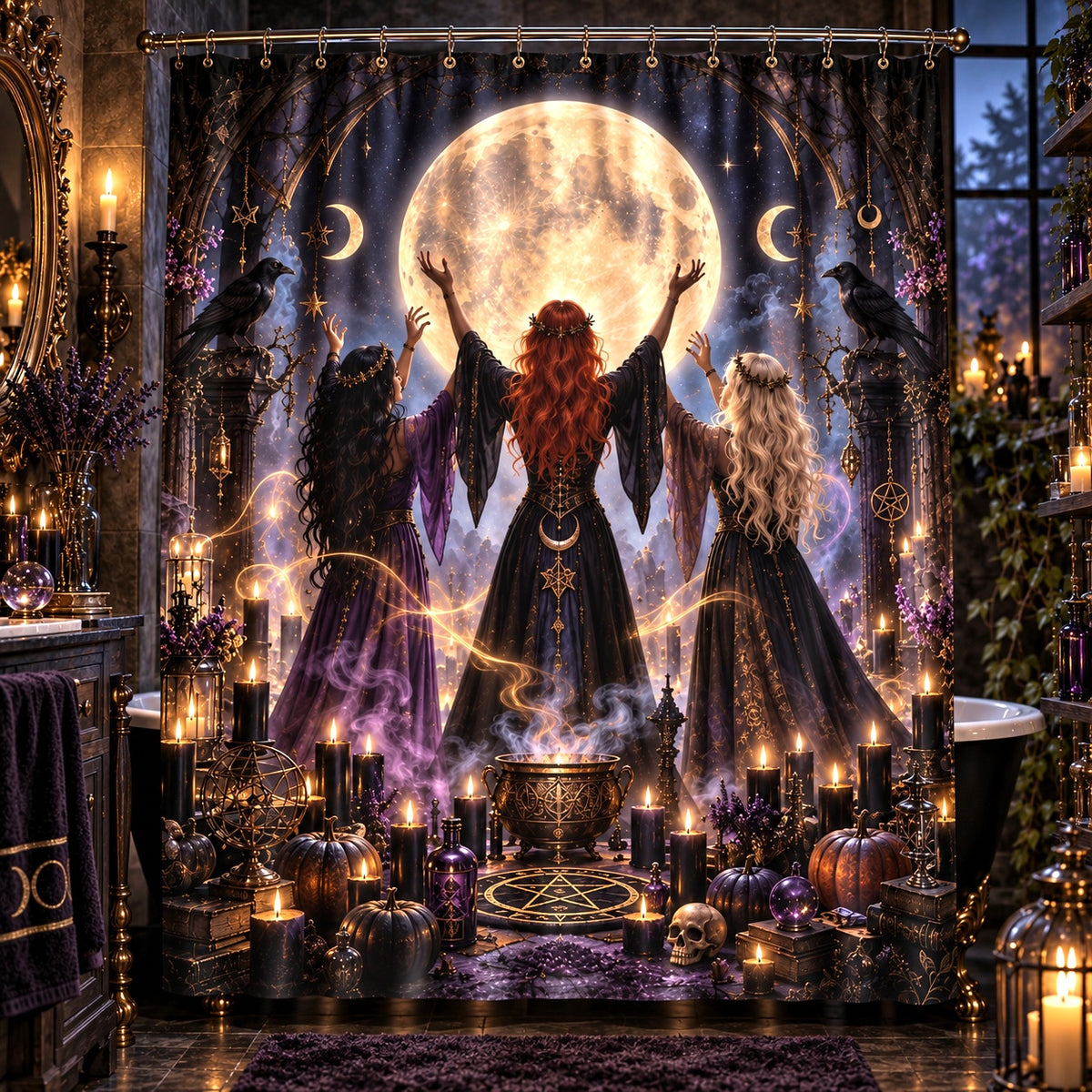 Witch Coven Shower Curtain - Samhain Full Moon Ritual Decor