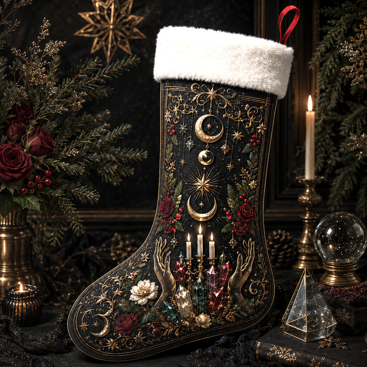 Witch Hands Candles Christmas Stocking Occult Ritual Yule Decor