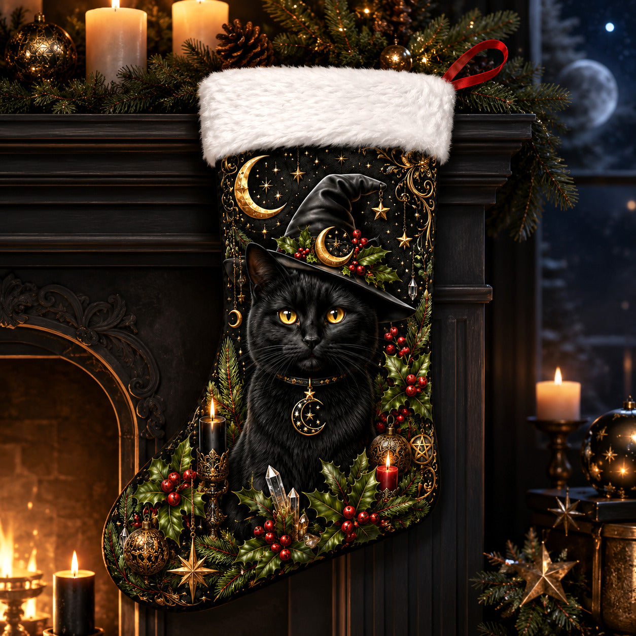 Witch Hat Black Cat Christmas Stocking Holly Witchy Yule Decor