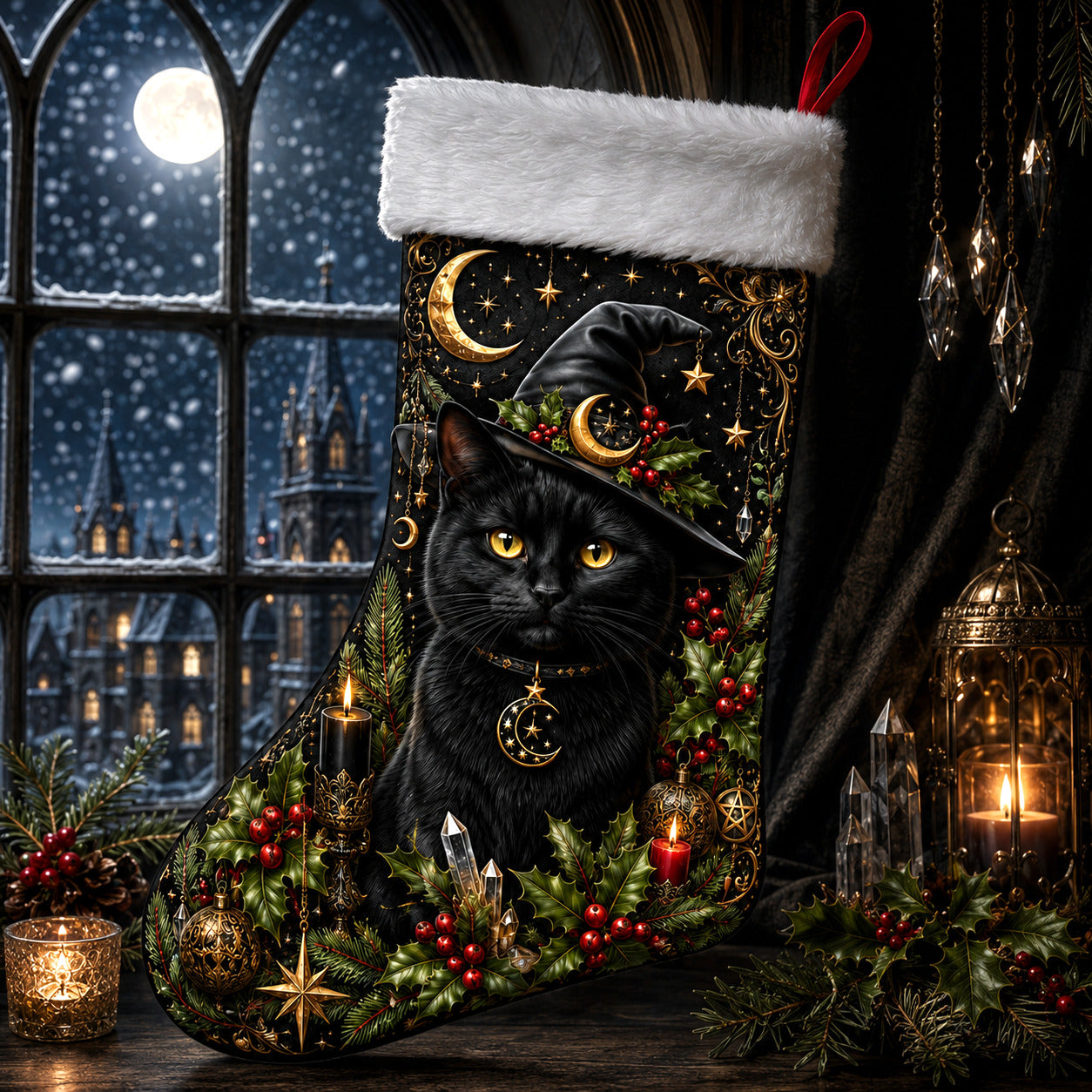 Witch Hat Black Cat Christmas Stocking Holly Witchy Yule Decor, styled shot 2