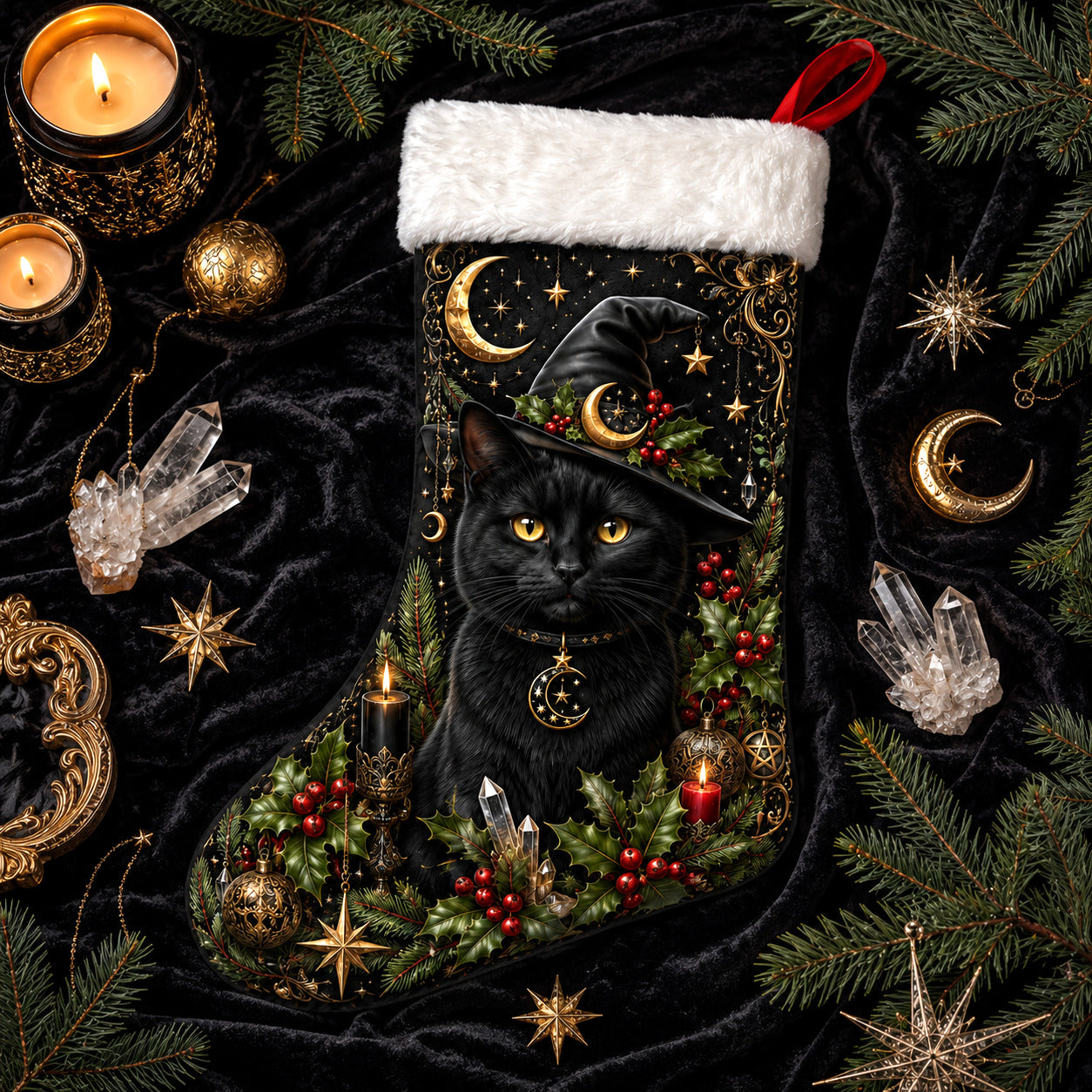 Witch Hat Black Cat Christmas Stocking Holly Witchy Yule Decor, styled shot 3