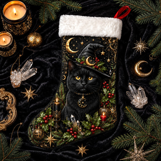 Witch Hat Black Cat Christmas Stocking Holly Witchy Yule Decor, styled shot 3
