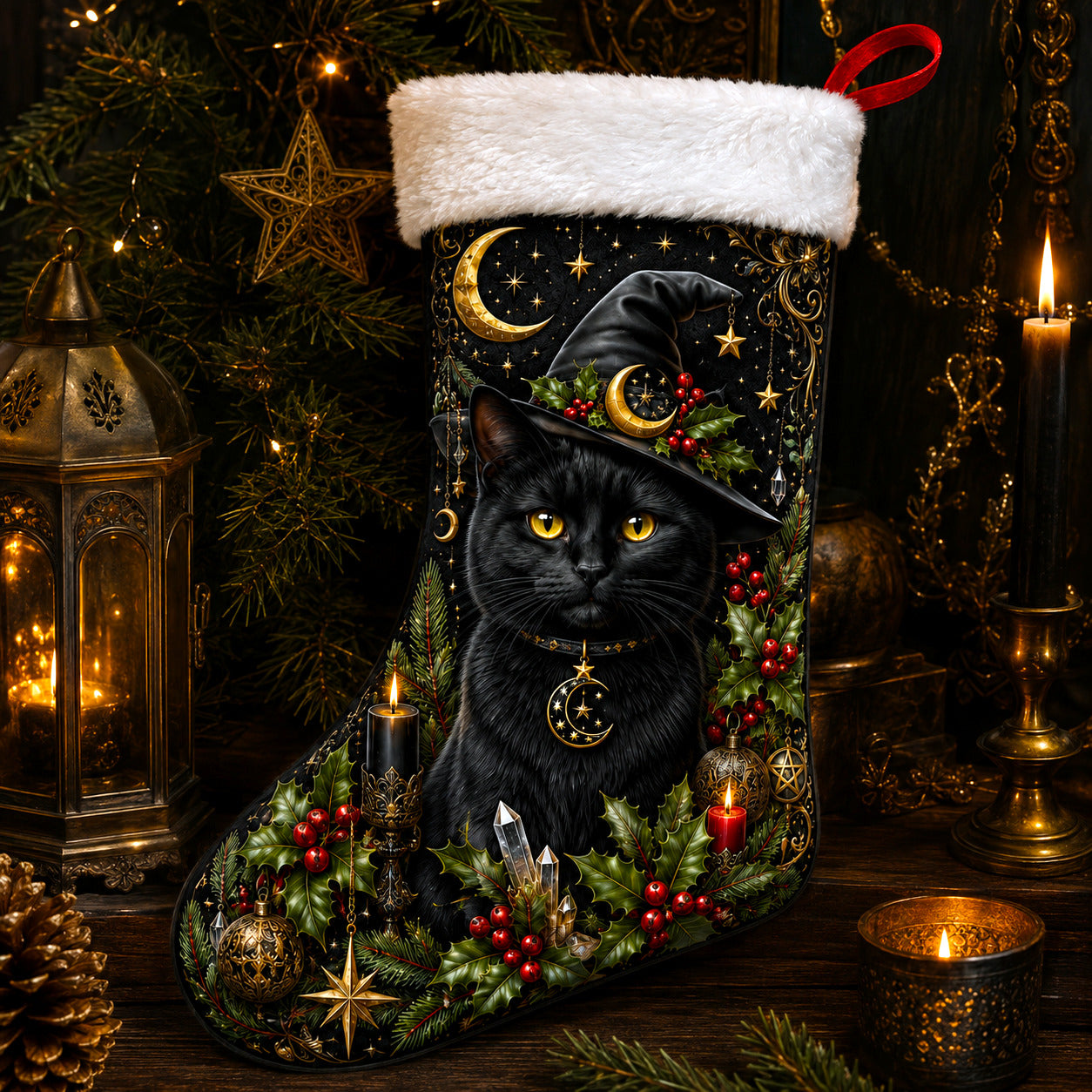 Witch Hat Black Cat Christmas Stocking Holly Witchy Yule Decor, styled shot 4