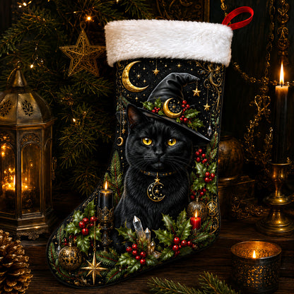 Witch Hat Black Cat Christmas Stocking Holly Witchy Yule Decor, styled shot 4