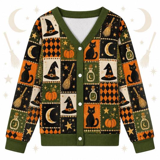 Witch Hat Broom Potion Bottle Halloween Cardigan for Women Olive Green, front view