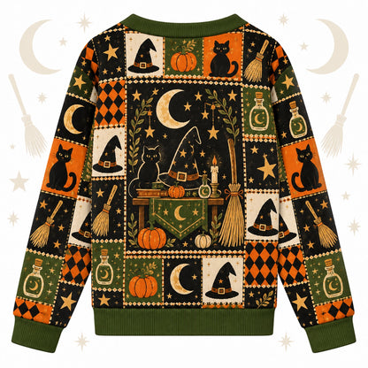 Witch Hat Broom Potion Bottle Halloween Cardigan for Women Olive Green, back view