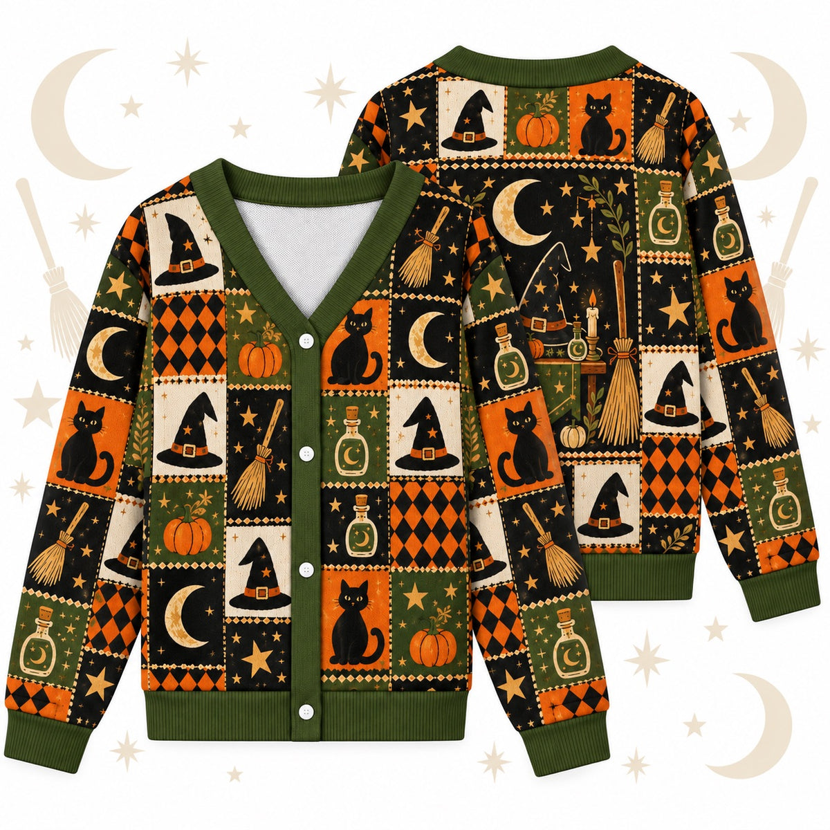 Witch Hat Broom Potion Bottle Halloween Cardigan for Women Olive Green, front and back shown together