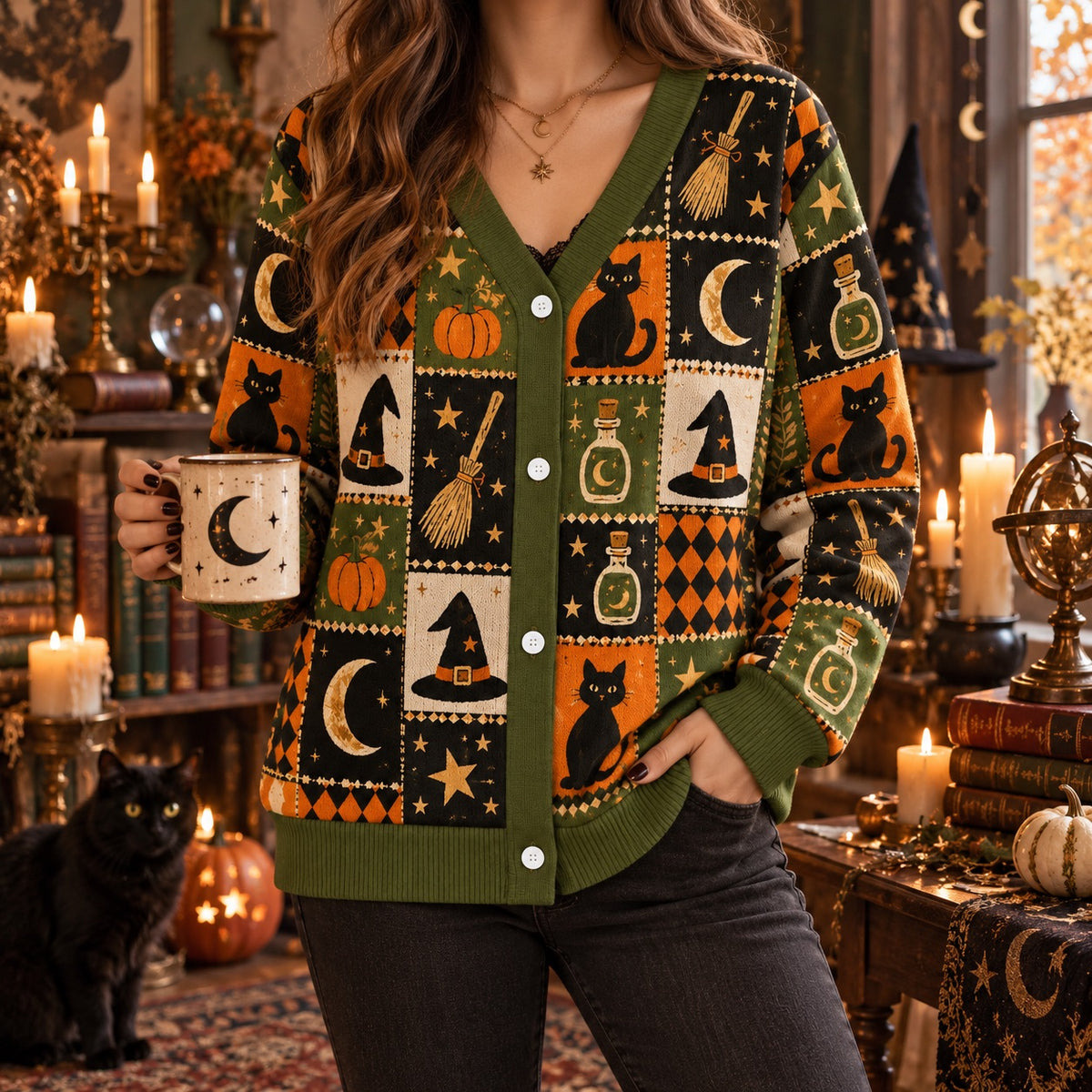 Witch Hat Broom Potion Bottle Halloween Cardigan for Women Olive Green, worn, front view