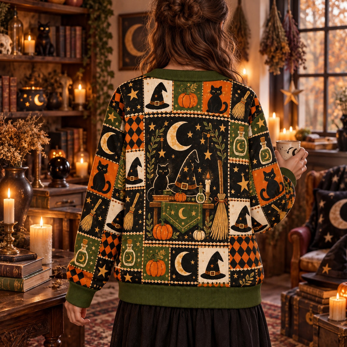 Witch Hat Broom Potion Bottle Halloween Cardigan for Women Olive Green, worn, back view