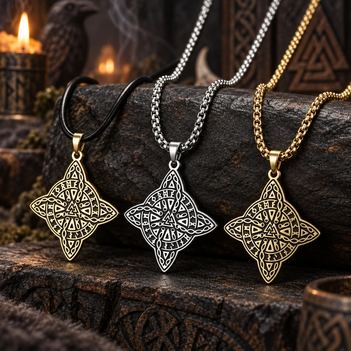 Witch's Knot & Nordic Valknut Amulet Necklace in a dark pagan Viking altar setting, detailed polished metal finish