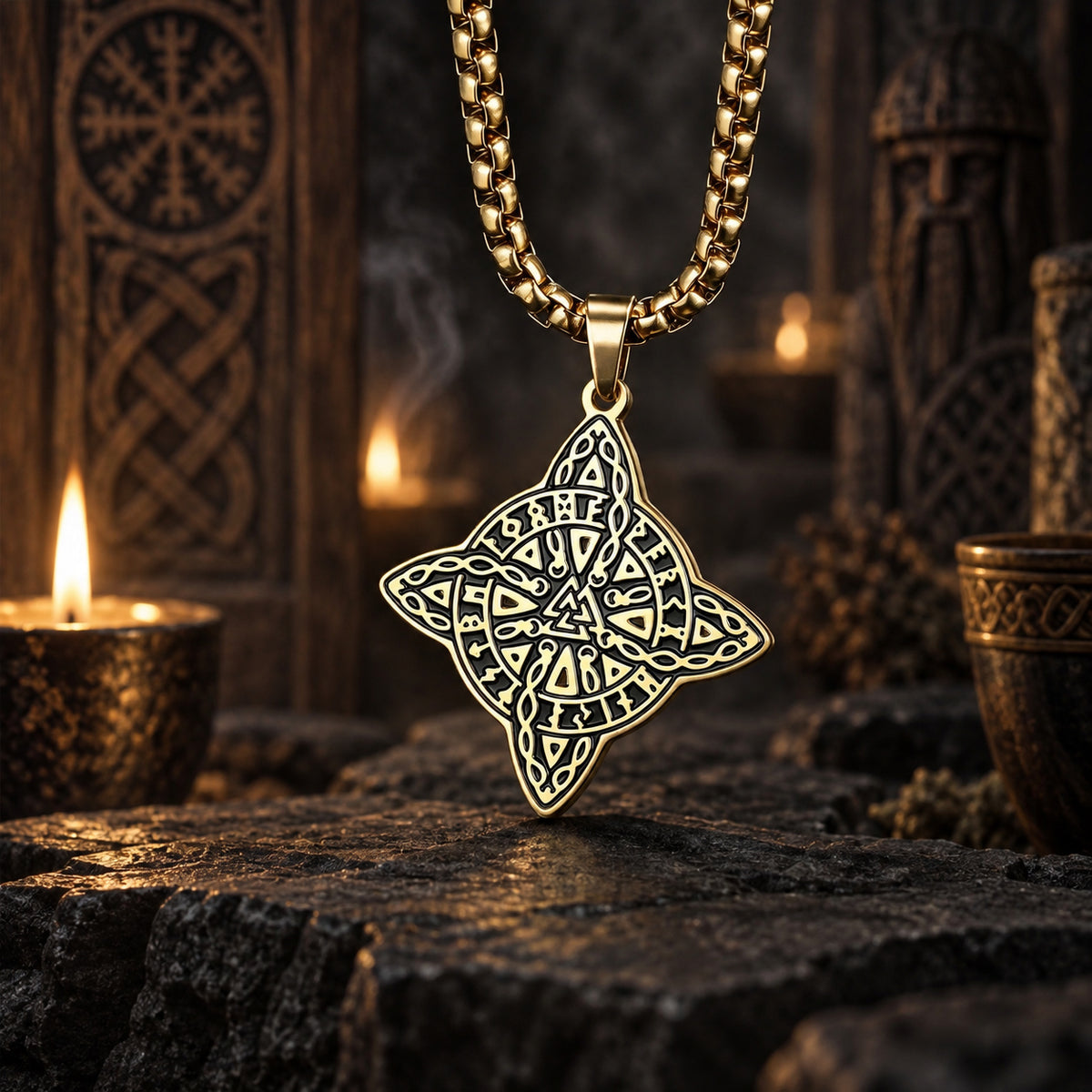 Witch's Knot & Nordic Valknut Amulet Necklace in a dark pagan Viking altar setting, detailed polished metal finish