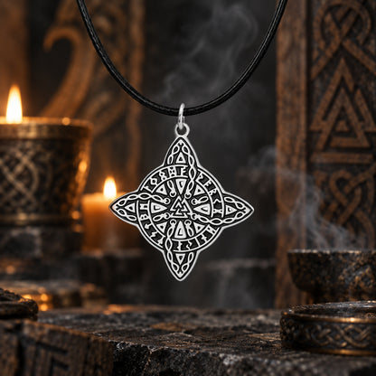 Witch's Knot & Nordic Valknut Amulet Necklace in a dark pagan Viking altar setting, detailed polished metal finish