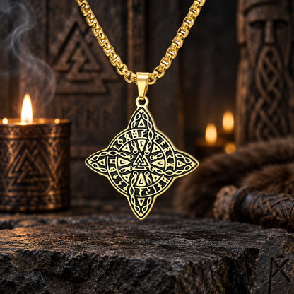 Witch's Knot & Nordic Valknut Amulet Necklace in a dark pagan Viking altar setting, detailed polished metal finish