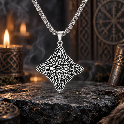 Witch's Knot & Nordic Valknut Amulet Necklace in a dark pagan Viking altar setting, detailed polished metal finish