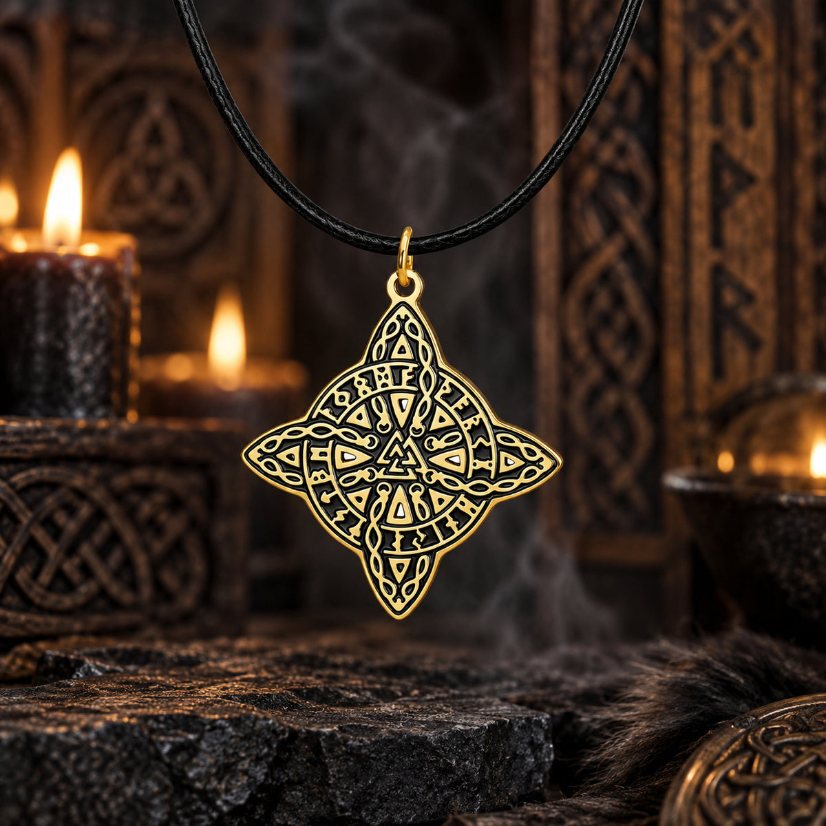 Witch's Knot & Nordic Valknut Amulet Necklace in a dark pagan Viking altar setting, detailed polished metal finish