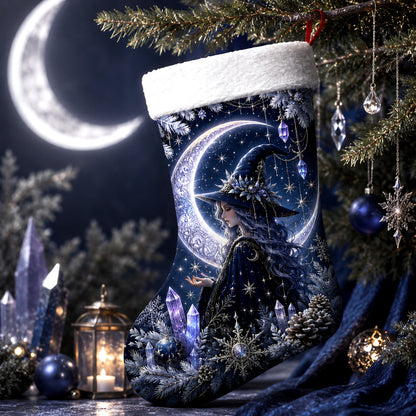 Witch On The Moon Christmas Stocking Silver Crescent Yule Decor
