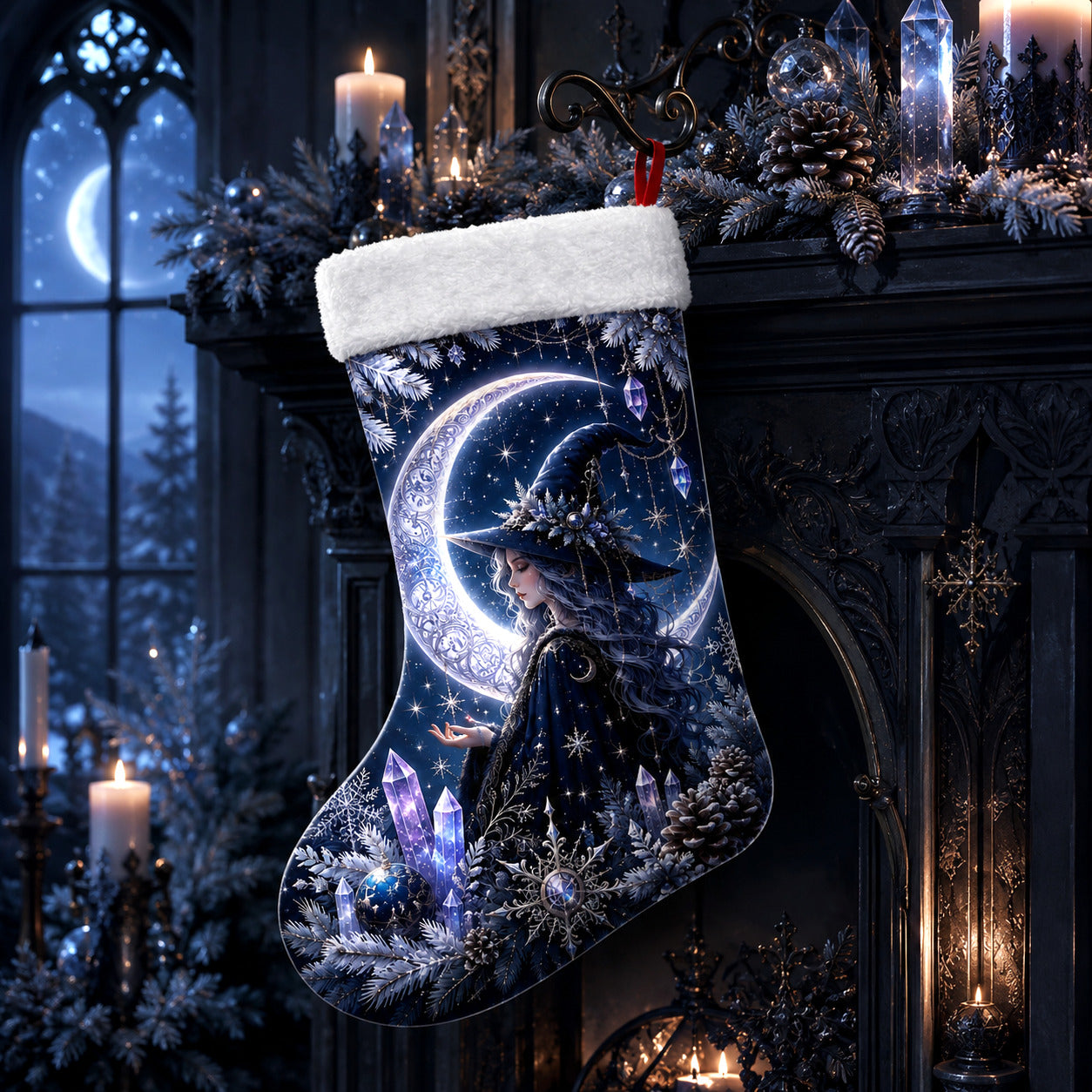 Witch On The Moon Christmas Stocking Silver Crescent Yule Decor, styled shot 2