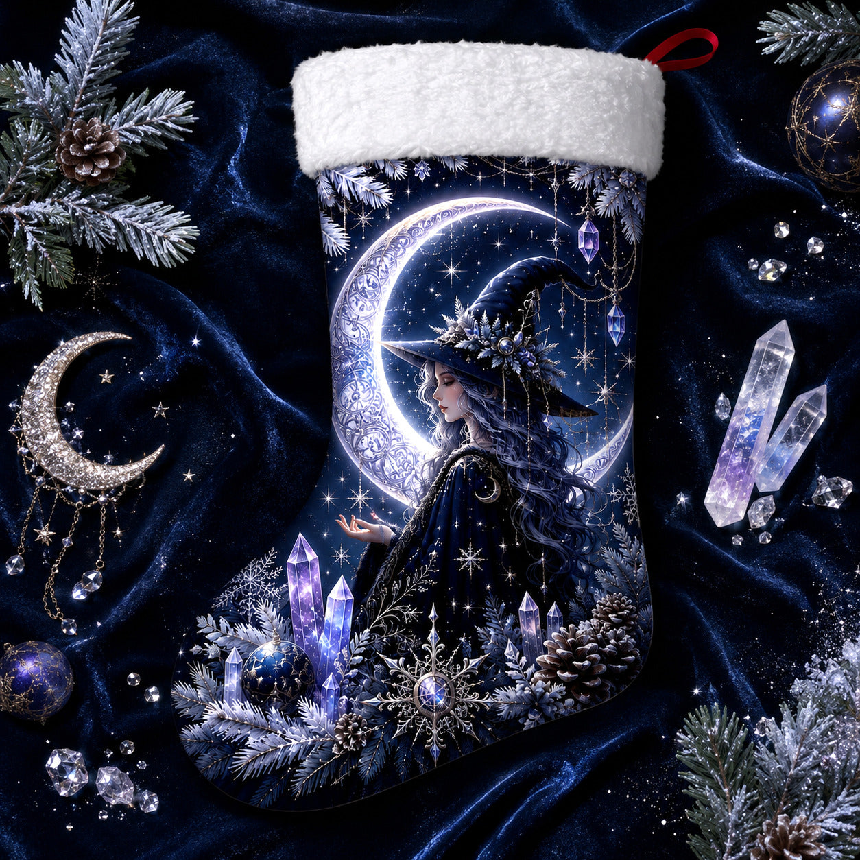 Witch On The Moon Christmas Stocking Silver Crescent Yule Decor, styled shot 3