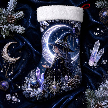 Witch On The Moon Christmas Stocking Silver Crescent Yule Decor, styled shot 3