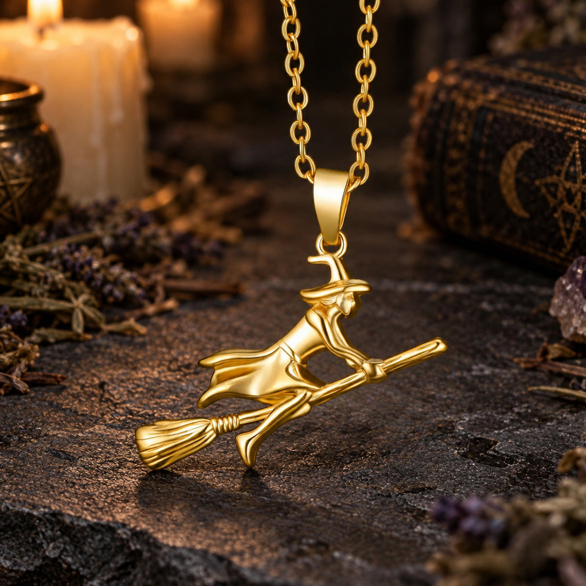 Gold Witch Riding Broom Necklace in a candlelit witchy altar scene, detailed polished pendant.