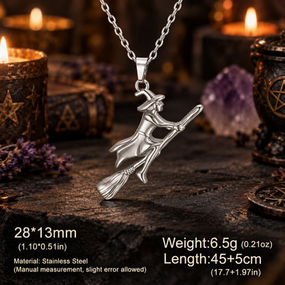 Silver Witch Riding Broom Necklace in a candlelit witchy altar scene, with dimensions and material details.
