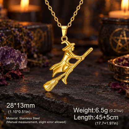 Gold Witch Riding Broom Necklace in a candlelit witchy altar scene, with dimensions and material details.