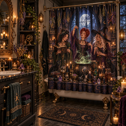 Witch Shower Curtain - Gothic Apothecary Coven Cauldron Decor, styled shot 2