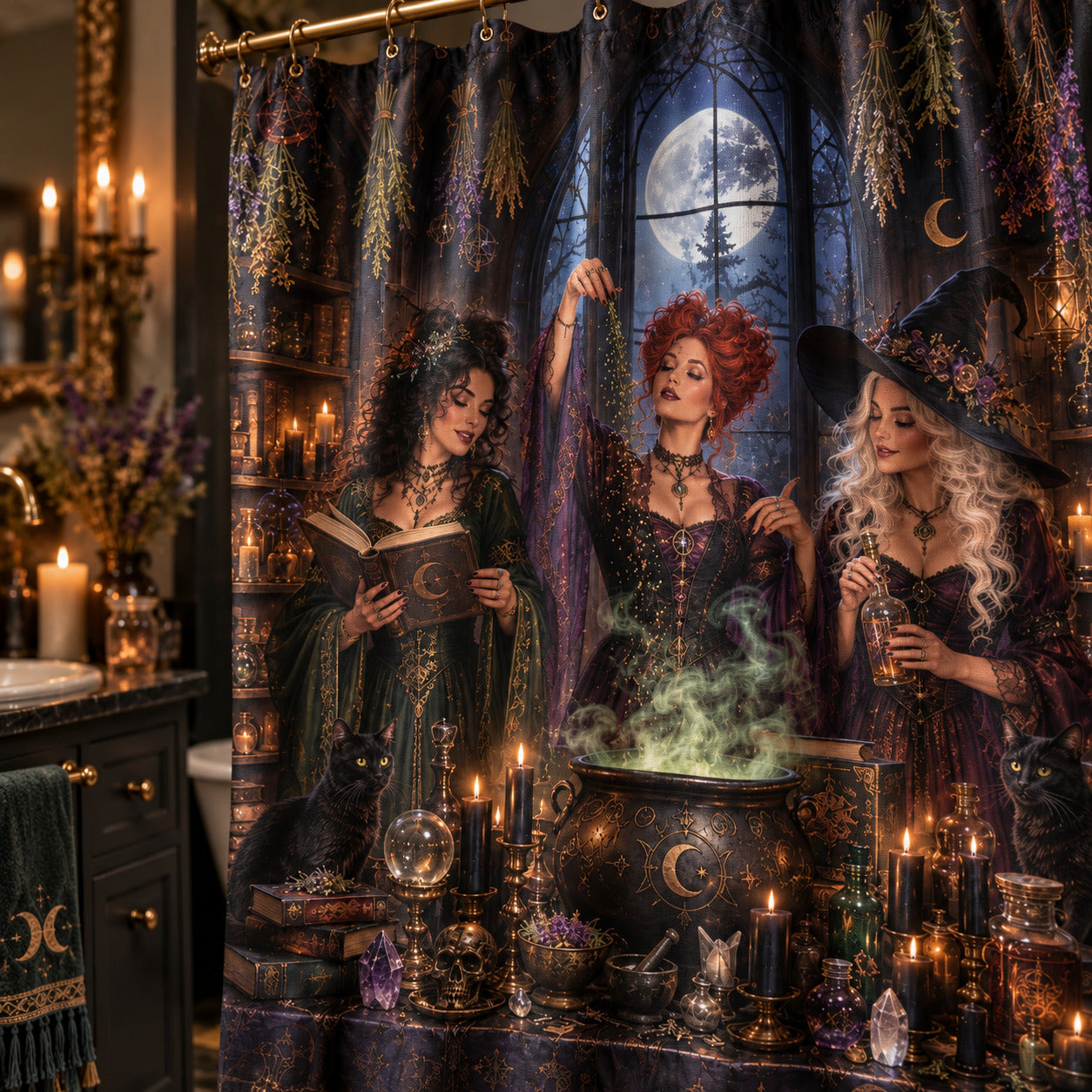 Witch Shower Curtain - Gothic Apothecary Coven Cauldron Decor, styled shot 4