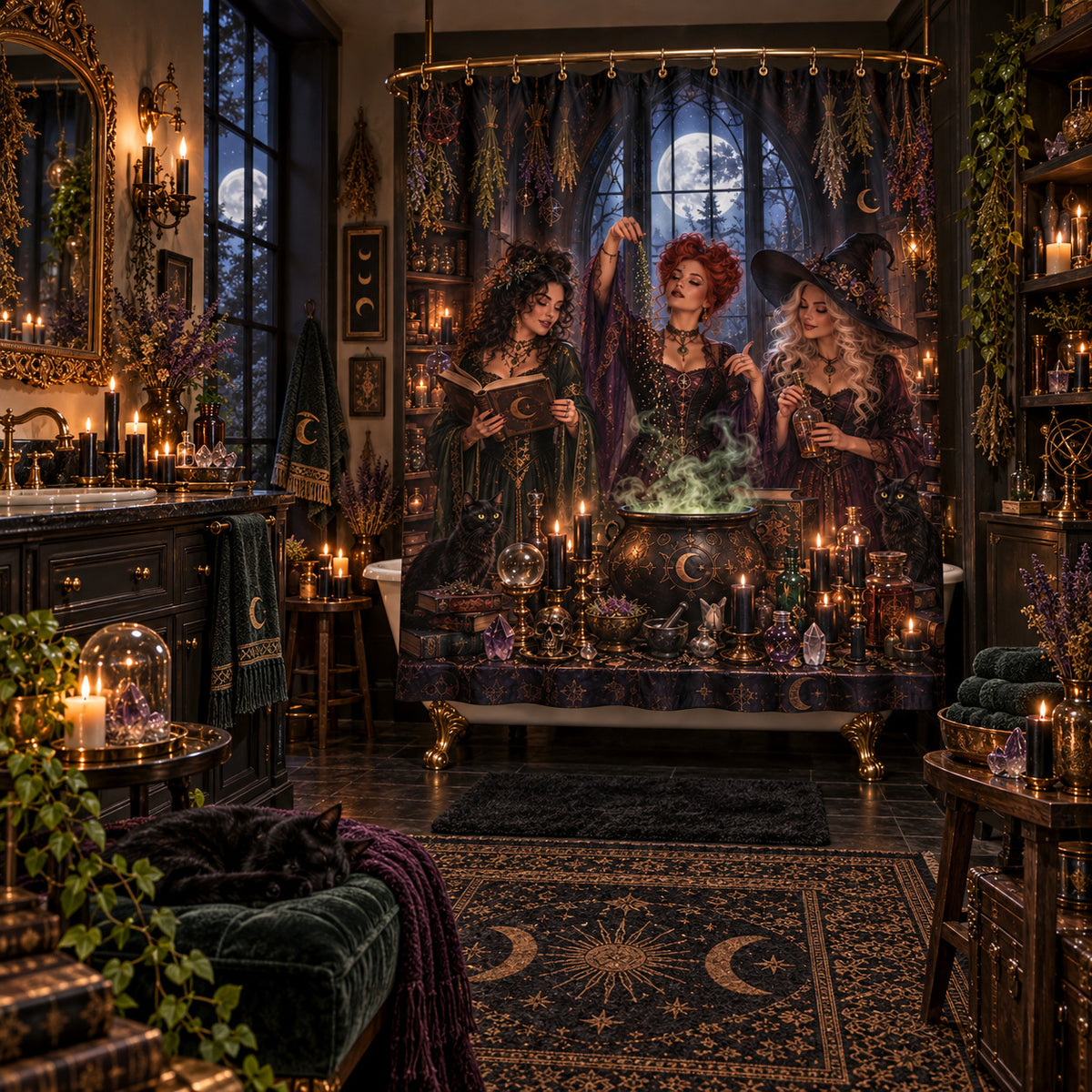 Witch Shower Curtain - Gothic Apothecary Coven Cauldron Decor, styled shot 5
