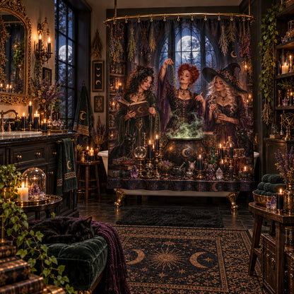 Witch Shower Curtain - Gothic Apothecary Coven Cauldron Decor, styled shot 5