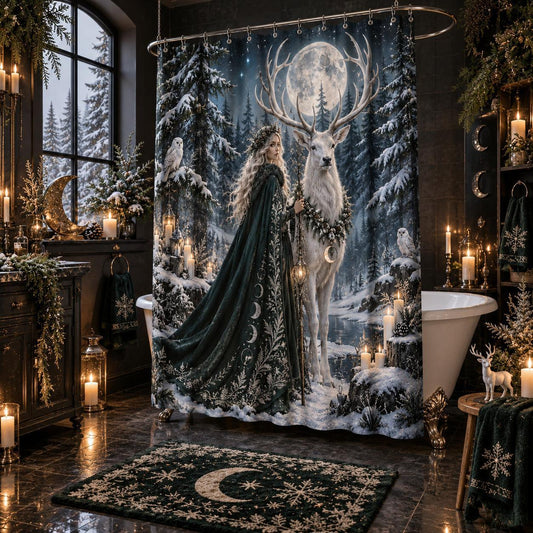 Witch Shower Curtain - White Stag Yule Pagan Winter Decor, styled shot 2